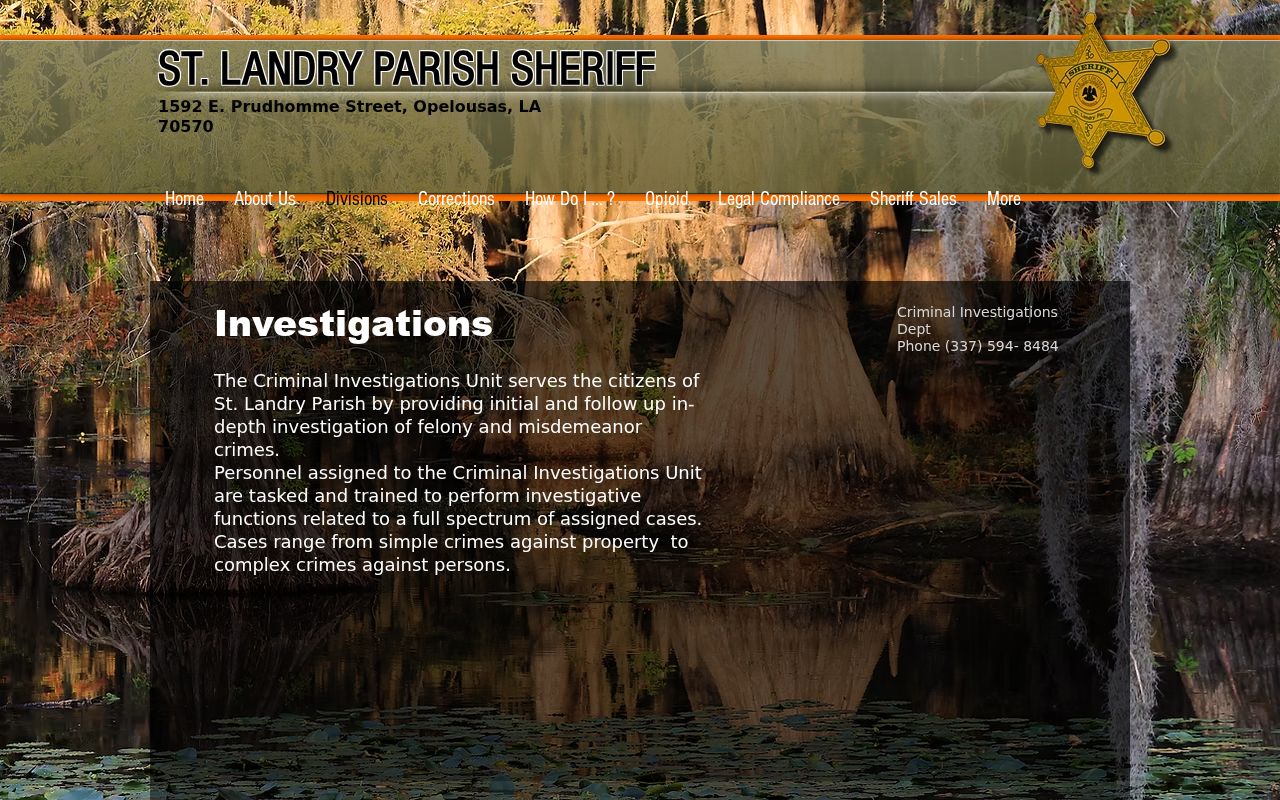 St. Landry Parish Sheriff's Office investigations page for arrest warrant and criminal case records