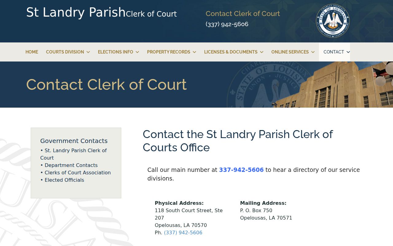 St. Landry Parish Clerk of Court contact page with divisions and phone extensions
