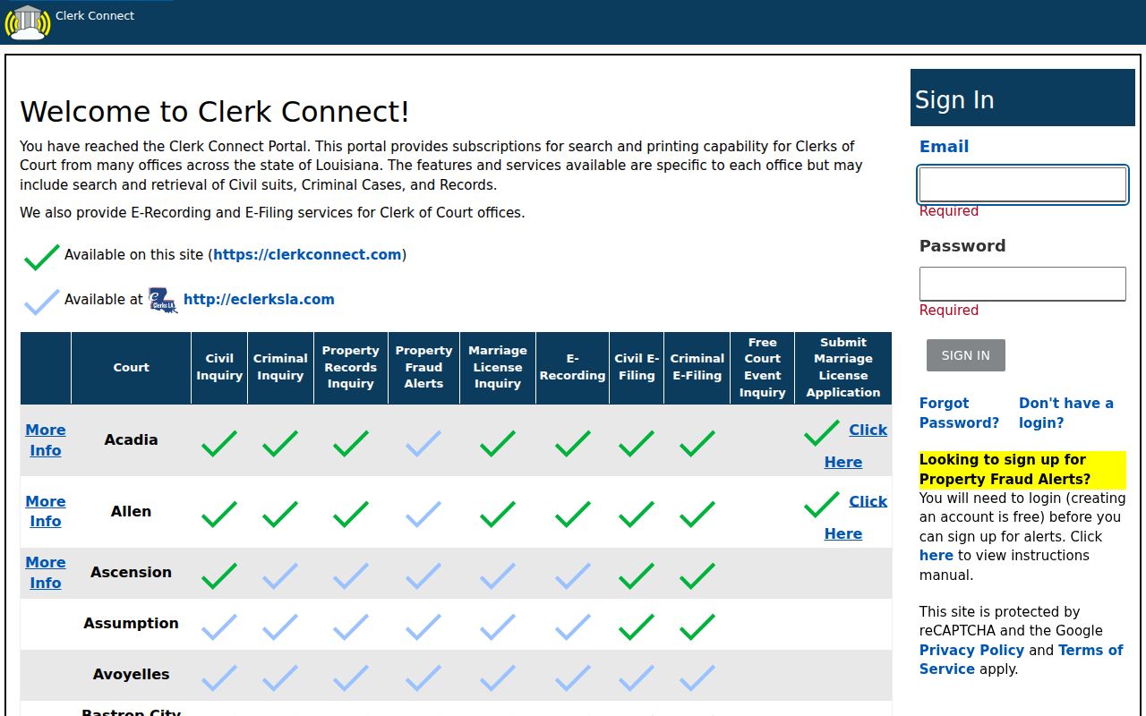 ClerkConnect vendor landing page showing the office list used for St. Landry Parish record access