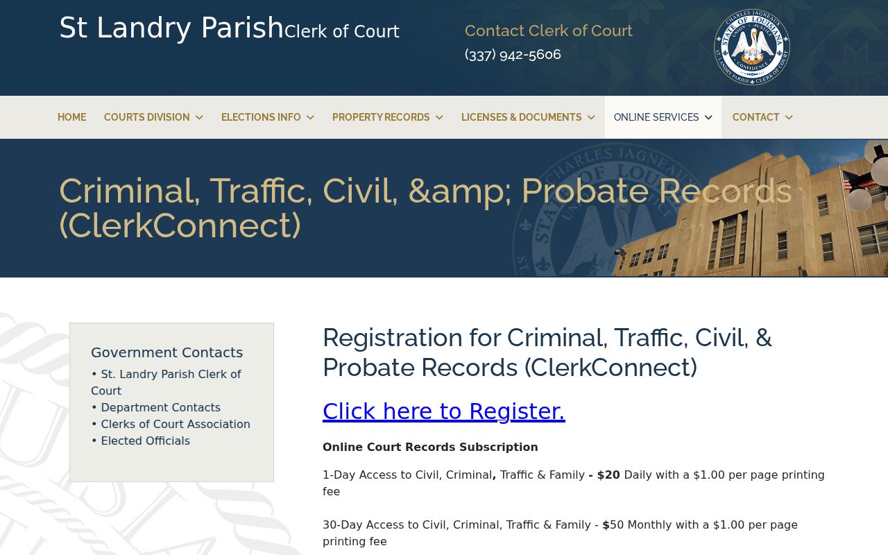 St. Landry Parish Clerk of Court ClerkConnect registration page for criminal and traffic warrant records