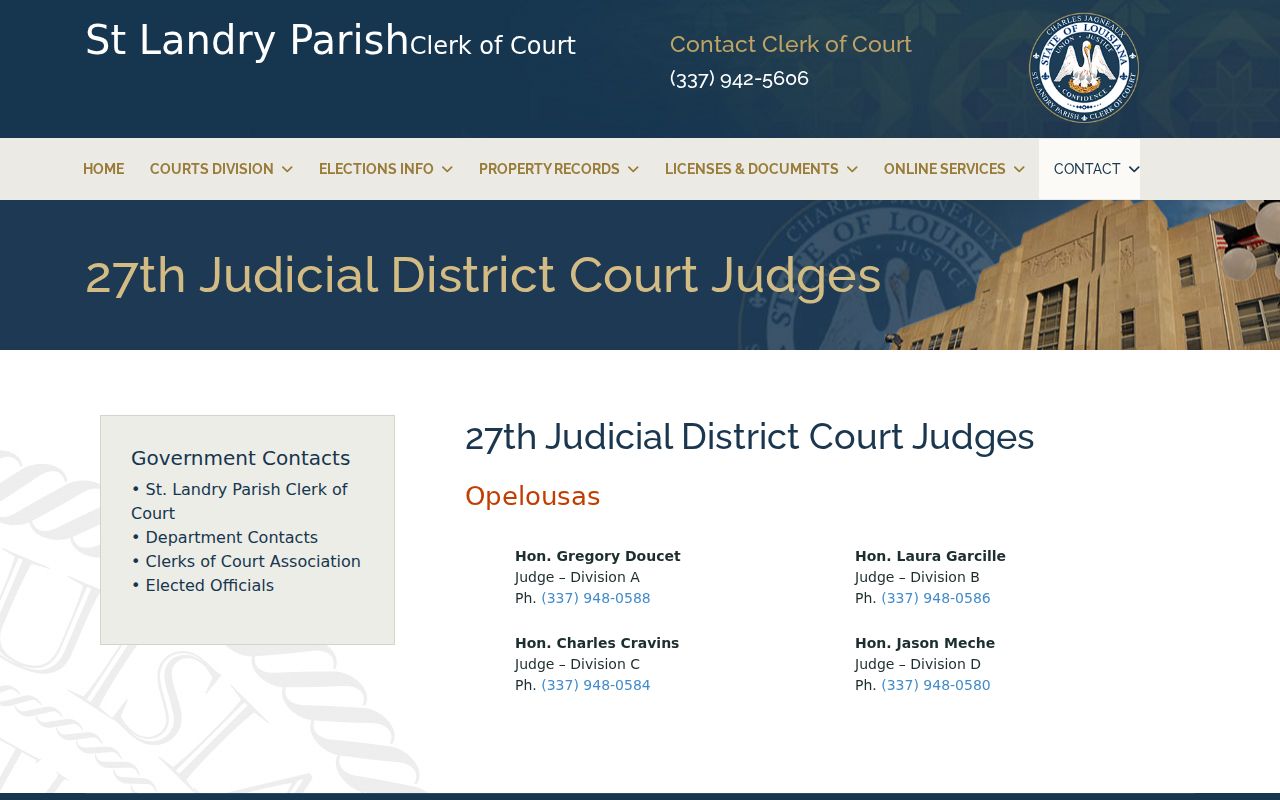 St. Landry Parish 27th Judicial District Court judge directory for bench warrant lookup