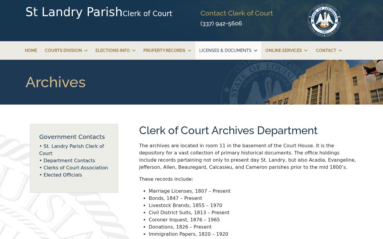 St. Landry Parish Clerk of Court archives page for historic St. Landry Parish warrant and bond records