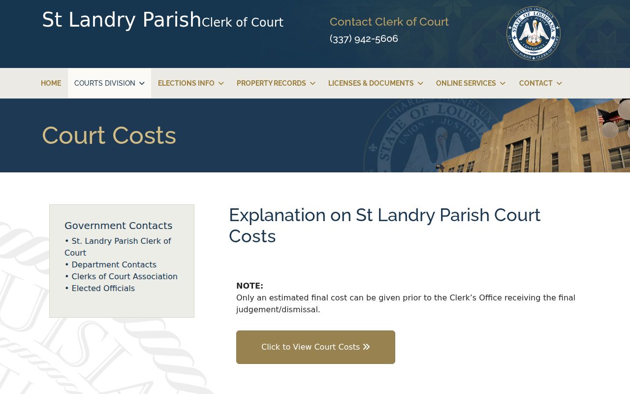 St. Landry Parish Clerk of Court cost schedule page relevant to bench warrant fees