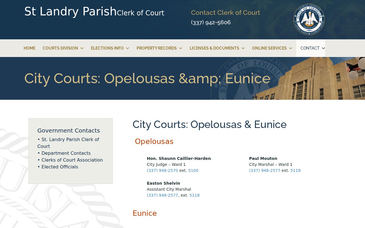 St. Landry Parish clerk city court directory listing Opelousas and Eunice city court contacts