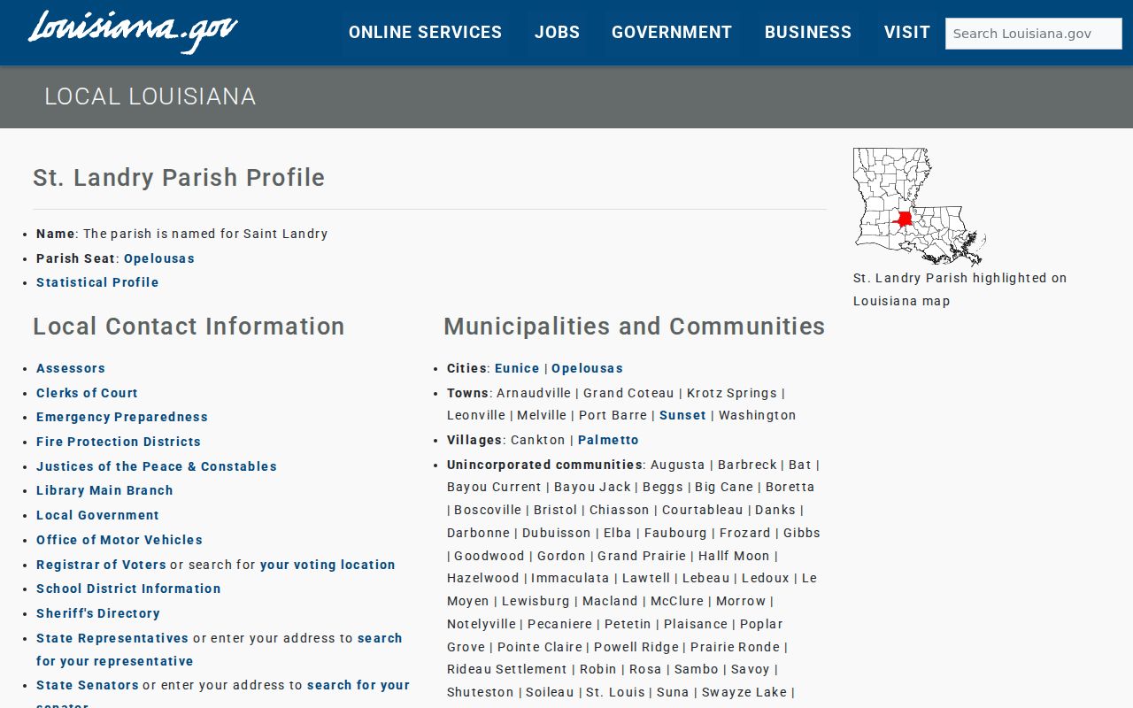 Louisiana state profile listing St. Landry Parish cities, towns, and villages