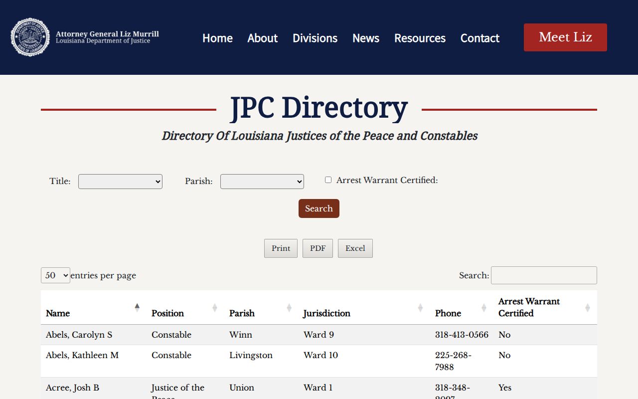 Louisiana justice of the peace directory filters relevant to St. Landry Parish city court warrants