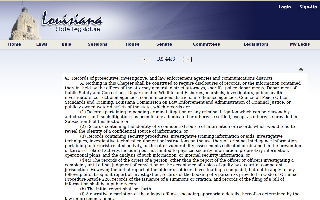 Louisiana law-enforcement records statute affecting St. Landry Parish arrest warrant access