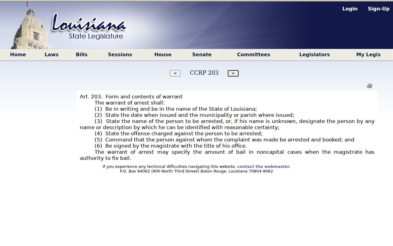 Louisiana statute listing the required contents of a St. Landry Parish arrest warrant