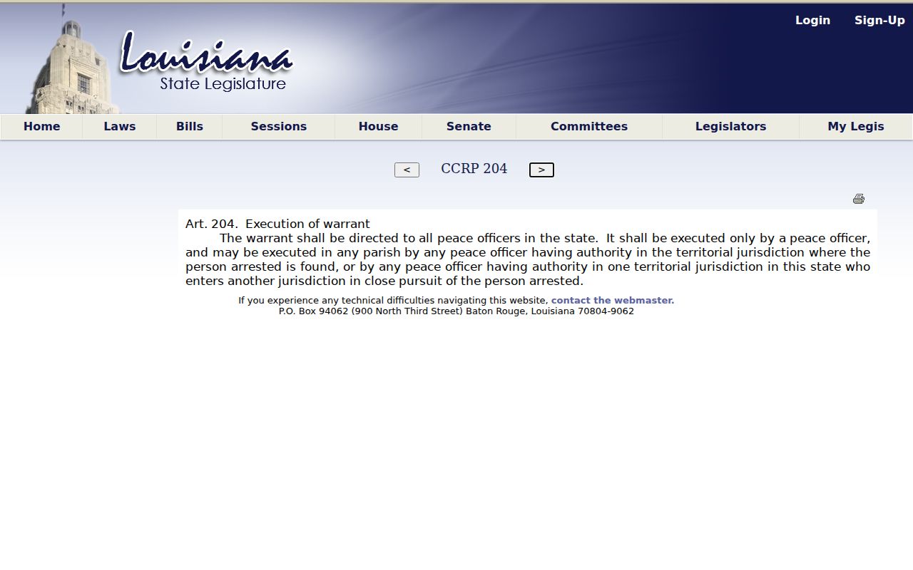 Louisiana statute on peace-officer execution of a St. Landry Parish arrest warrant