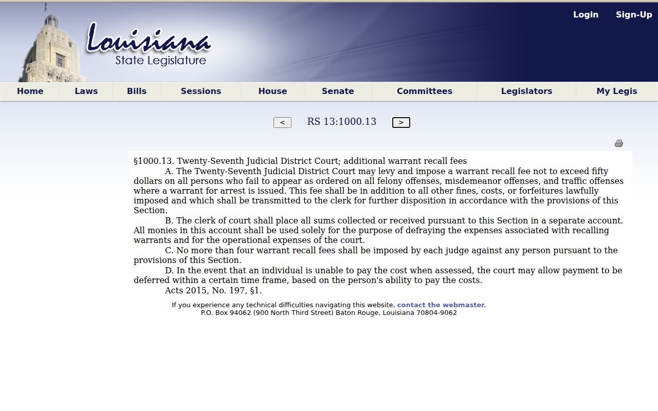 Louisiana statute page for the 27th JDC St. Landry Parish warrant recall fee