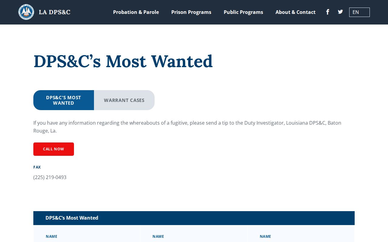Louisiana corrections most wanted program page, a statewide list separate from St. Landry Parish warrants