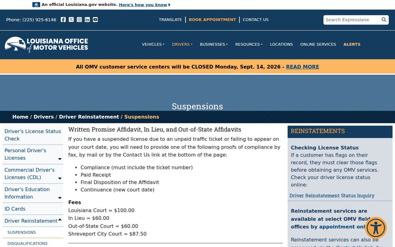 Louisiana motor vehicle reinstatement page listing compliance steps after a St. Landry Parish traffic warrant