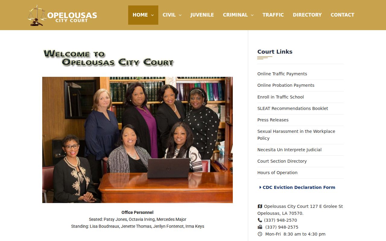 Opelousas City Court page with address, hours, and access details for Opelousas warrant cases