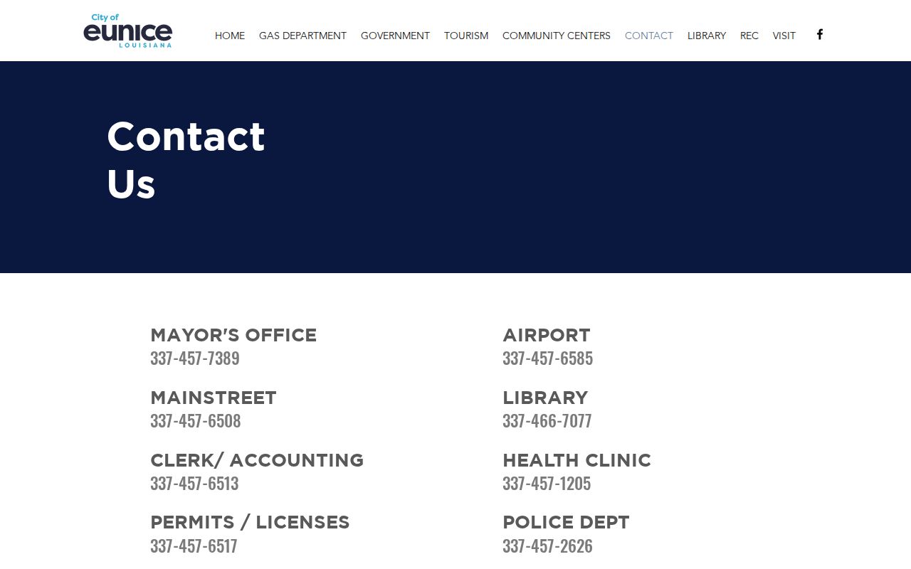 City of Eunice contact page listing city court, marshal, and police contacts for Eunice warrants