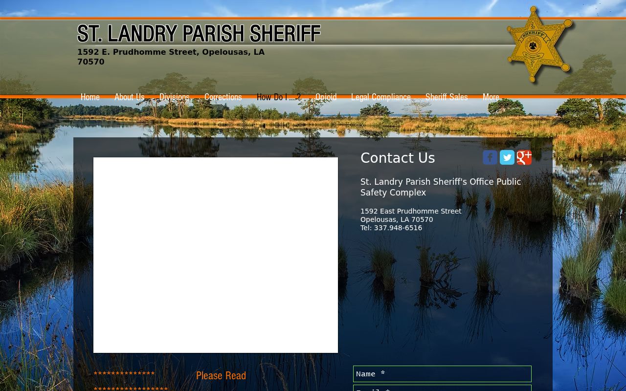 St. Landry Parish Sheriff's Office contact page showing the public records request route
